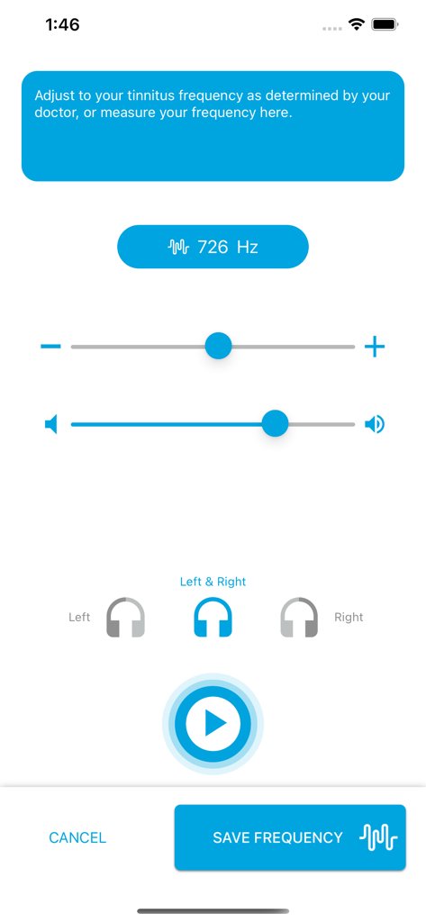 User interface of the Tinnitus App frequency calculator showing a setting of 726 Hz for personalized therapy.