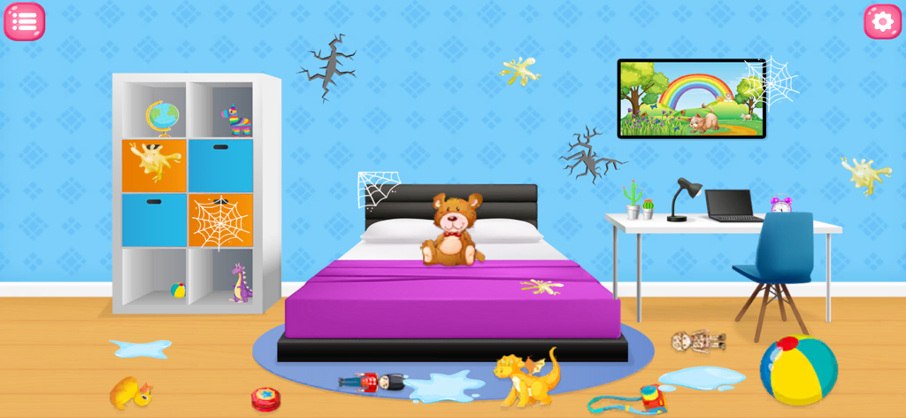 Doll Home: ASMR Cleaning Games - Messy dollhouse bedroom with spiderwebs and scattered toys