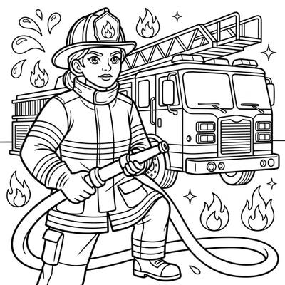 Ignite your child's imagination with this thrilling firefighter coloring page. Join a brave hero as they stand ready for action with their trusty fire truck.