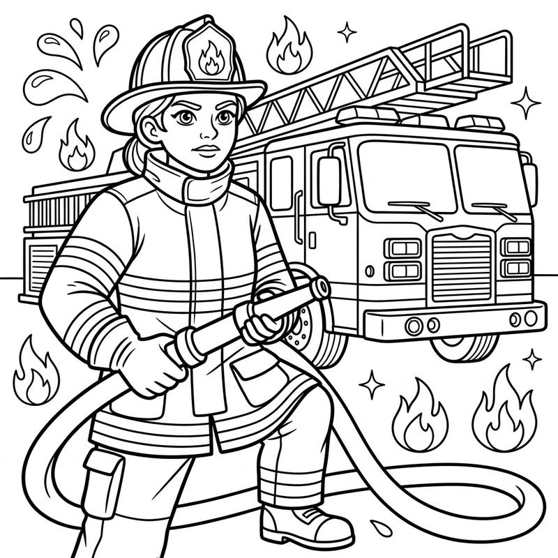 Ignite your child's imagination with this thrilling firefighter coloring page. Join a brave hero as they stand ready for action with their trusty fire truck.