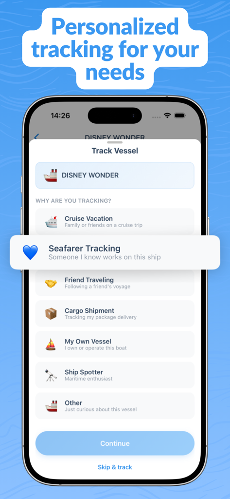 A screen in the Primo Nautic app showing various personalized vessel tracking options for different types of users.