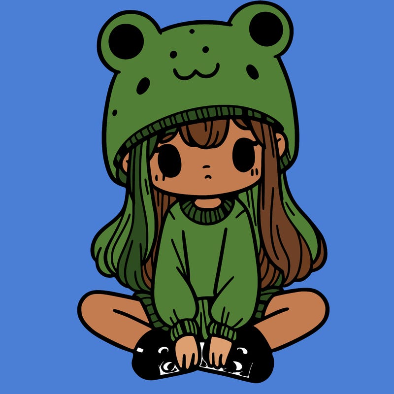 a girl wearing a frog hat and some frog socks