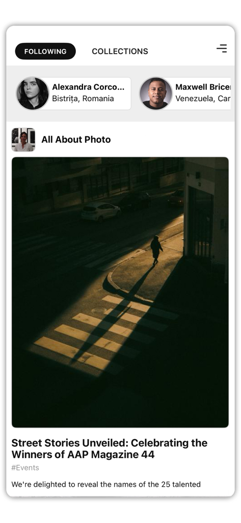 Visura - Interfaz de la aplicación Visura que muestra una publicación de fotografía titulada Street Stories Unveiled de All About Photo con perfiles de creadores arriba.