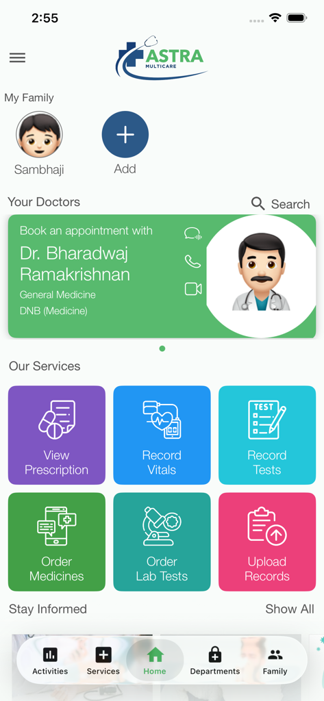 Astra Multicare - Dashboard dell'app Astra Multicare che mostra la gestione della salute familiare e i servizi medici.