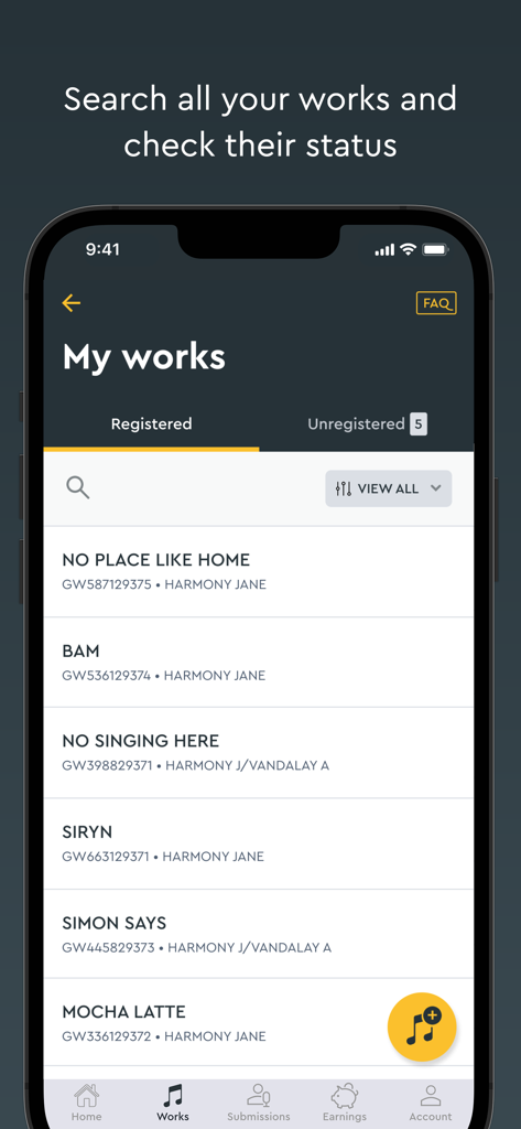List of registered music works and song IDs in the APRA AMCOS app for creators