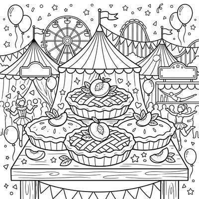 Dive into a delicious and delightful carnival scene with this unique coloring page featuring mouth-watering peach pies. Get ready to add vibrant colors to festive tents, thrilling rides, and sweet treats in a bustling fairground.