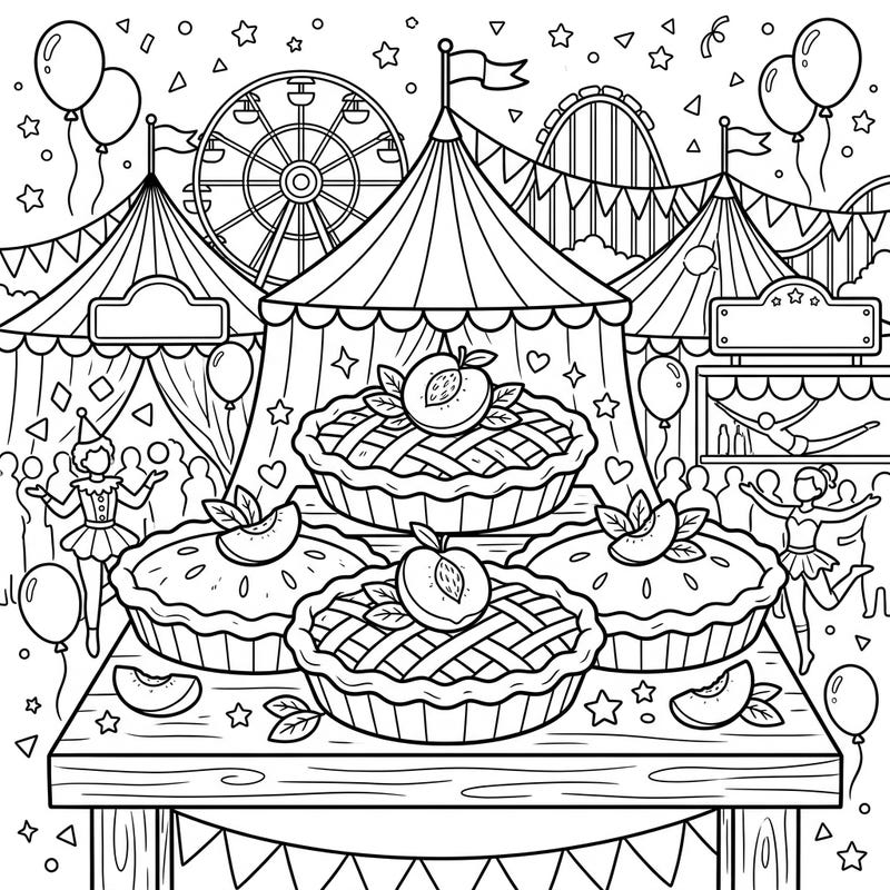 Dive into a delicious and delightful carnival scene with this unique coloring page featuring mouth-watering peach pies. Get ready to add vibrant colors to festive tents, thrilling rides, and sweet treats in a bustling fairground.