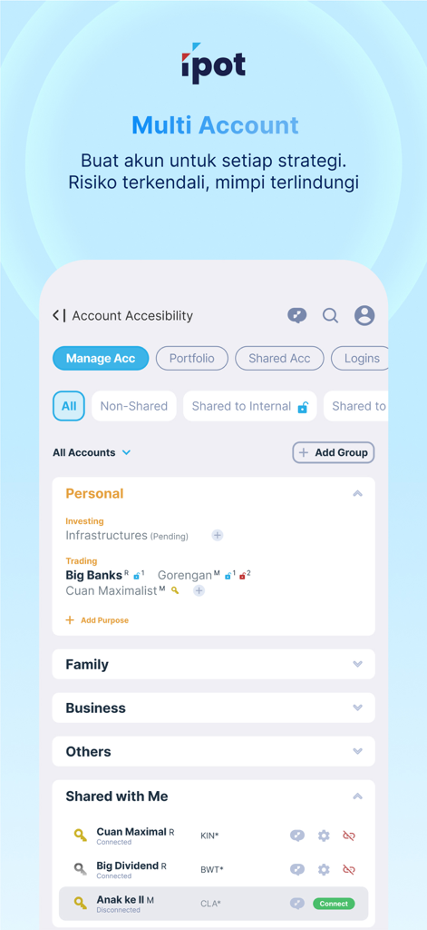 IPOT app interface for managing multiple investment accounts including personal family and shared portfolios