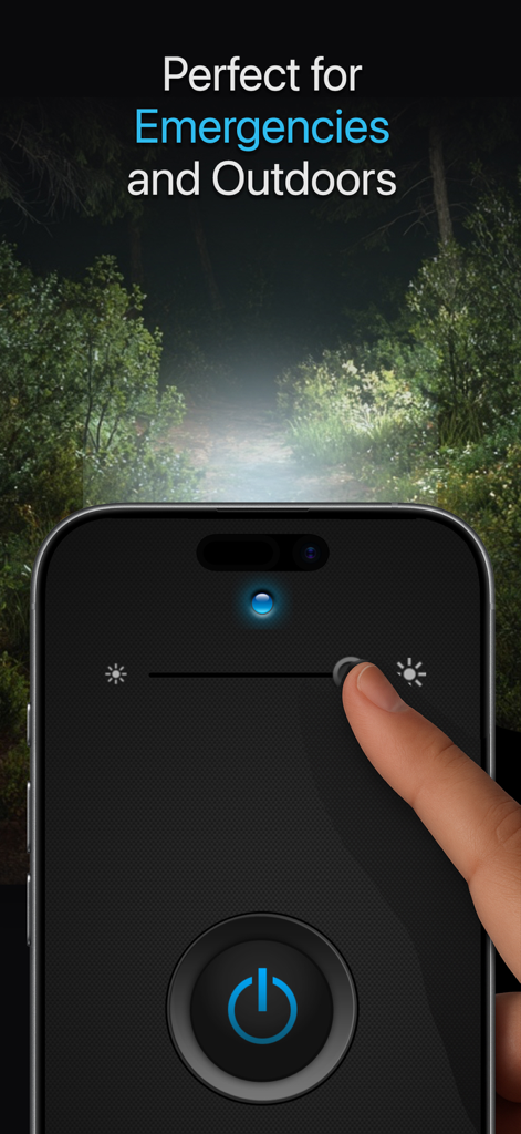 Flashlight ◊ - Interfaz de la aplicación Linterna que muestra control de brillo para uso de emergencia y exterior.
