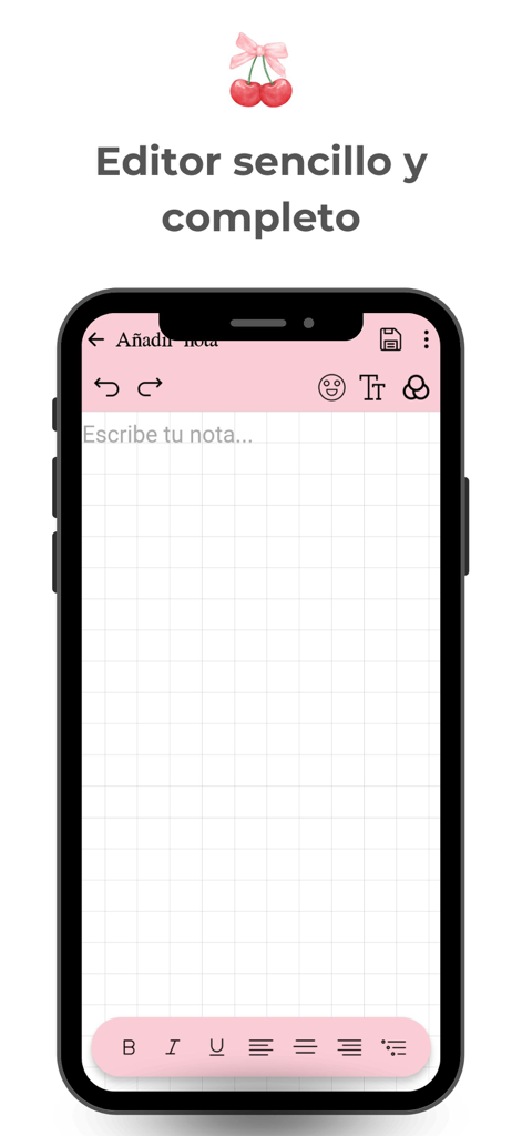 Interfaz de edición de notas estéticas rosas con fondo de cuadrícula y herramientas de formato de texto