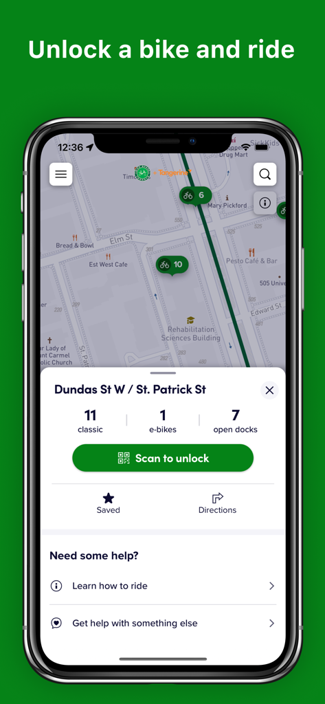 Bike Share Toronto app screen showing real-time bike availability and a scan to unlock button on a city map