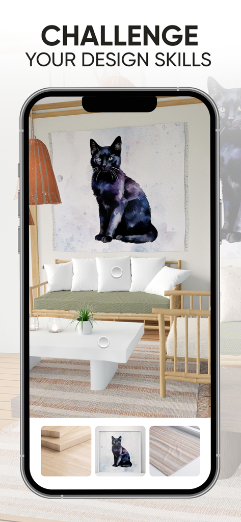 Redecor - Home Design Game - El juego móvil Redecor que muestra un desafío de diseño de interiores para una sala de estar con arte de pared de gatos.