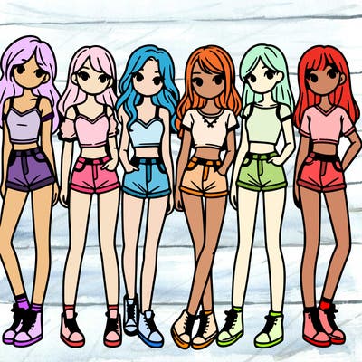 a group of girls wearing crop tops and shorts
