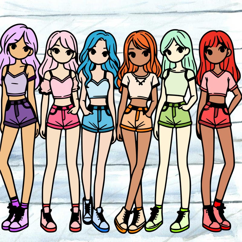a group of girls wearing crop tops and shorts