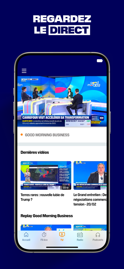 BFM Business: news éco, bourse - Interfaz de la aplicación BFM Business mostrando una transmisión de video en directo de un programa de noticias financieras en un iPhone.