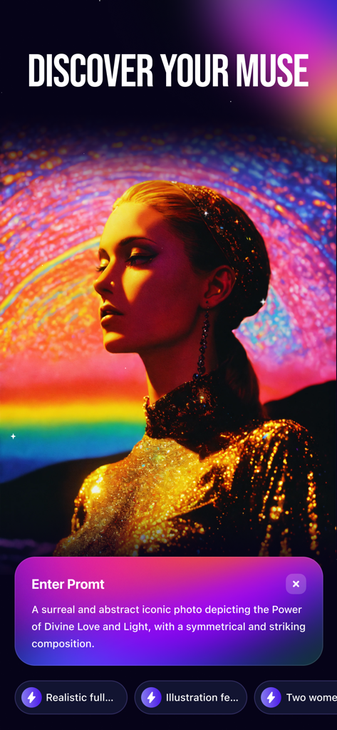 Imagine AI - Image generator - Retrato generado por IA de una mujer con un vestido dorado con una interfaz de prompt de texto en la aplicación Imagine AI.