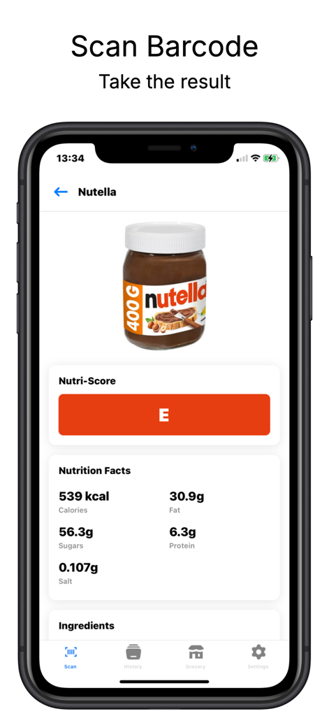 Allergen Scanner app displaying a Nutri-Score rating and nutrition information for a food product