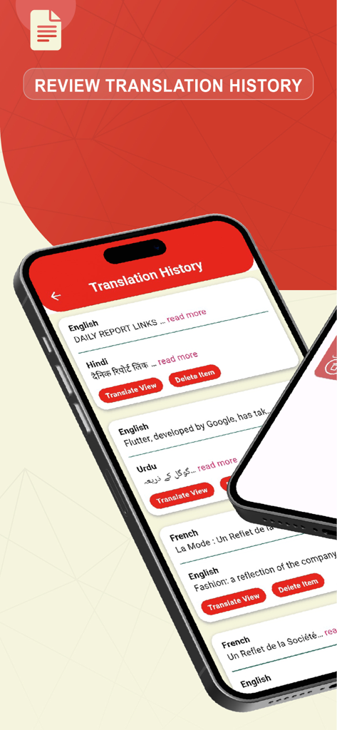 Pdf Documents Translator - さまざまな言語での過去のドキュメント翻訳のリストを示すスマートフォン画面