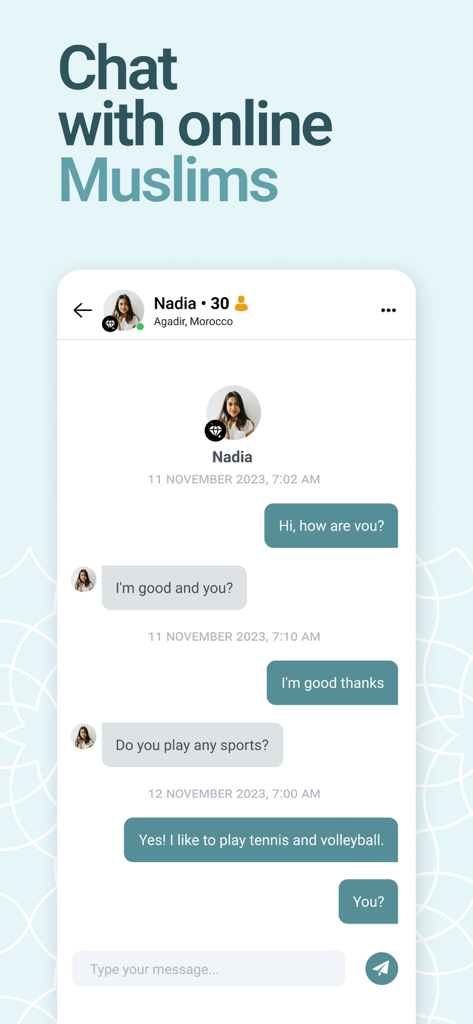 Muslima: Halal Muslim Dating - A screenshot of the Muslima app chat interface showing a conversation between two users