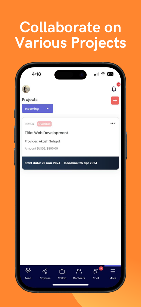 Feedcoyote: Freelance & Earn - Feedcoyote mobile app interface displaying a freelance web development project with status and budget details