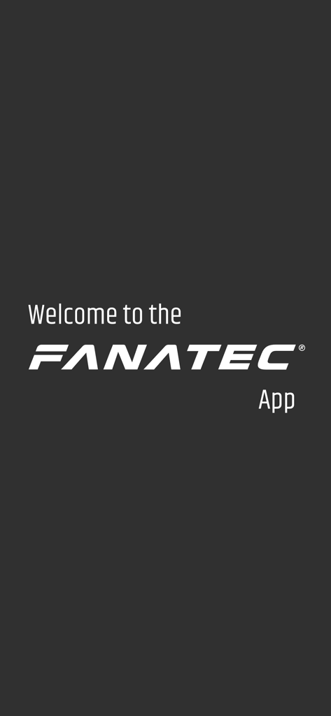 Fanatec App - Welcome screen of the Fanatec App featuring the official logo on a dark gray background