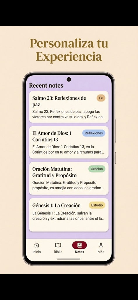 La Biblia de Jerusalén - BJC - A mobile interface showing the recent notes and personalization features of the Jerusalem Bible app