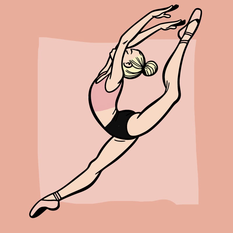 gymnast doing a leap in a leotard with a bent back leg