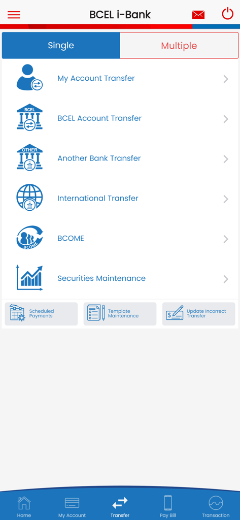 Mobile banking interface of BCEL i-Bank showing various money transfer options including international and domestic transfers