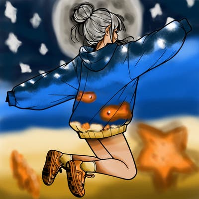 realistic girl jumping with a bun and oversized sweatshirt
