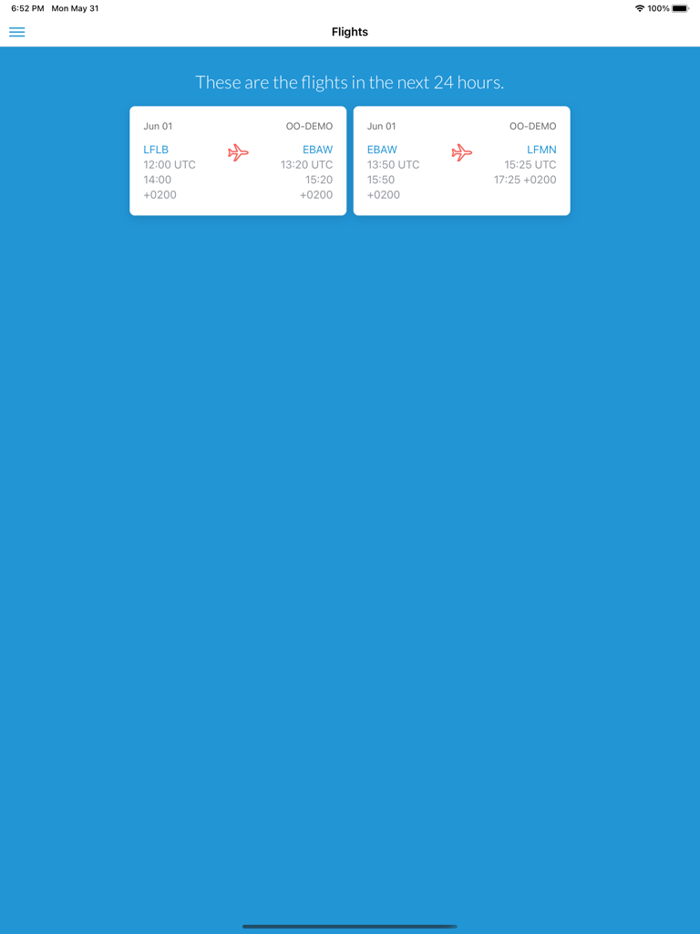 Interface of Skylegs EFB app showing a list of upcoming flights for pilots