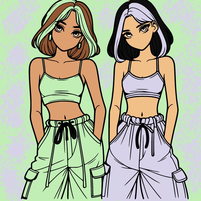 two girls with crop top with baggy pants