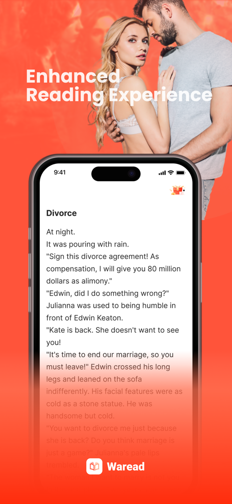 Screenshot der Waread-App, der eine Romanzen-Oberfläche mit einem romantischen Paar-Hintergrund und dem Text 'Verbessertes Leseerlebnis' zeigt