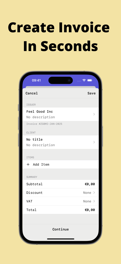 数秒でプロフェッショナルな請求書を作成するためのフォームを表示するモバイルアプリインターフェース