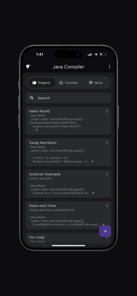 A mobile interface showing a list of Java projects and code snippets including Hello World and Swap Numbers.