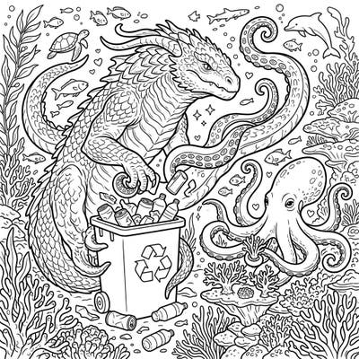 Dive into an epic underwater adventure with our Sea Monsters x Earth Day coloring page, where colossal creatures team up to clean the ocean. This engaging template combines mythical marine beasts with an important message of environmental conservation.