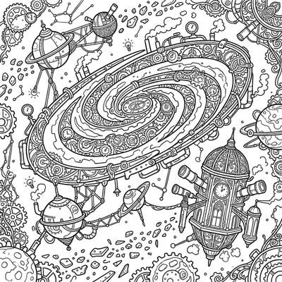 Discover a captivating Steampunk Galaxies coloring page, merging industrial Victorian fantasy with the wonders of the cosmos. Dive into an intricate universe where gears, steam-powered mechanisms, and celestial bodies intertwine for a truly unique artistic experience.