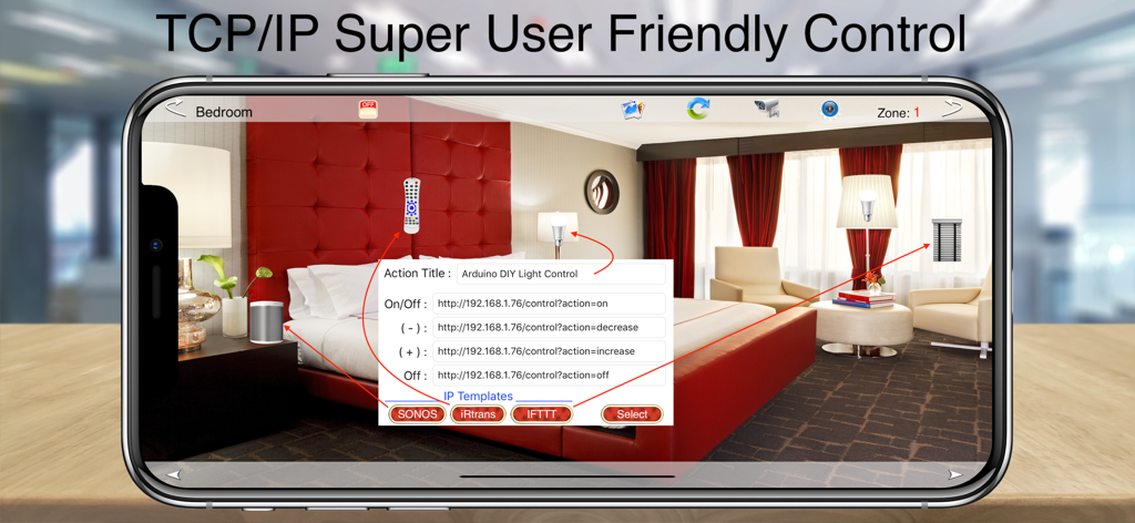 HOS Smart Home IP Control - HOS Smart Home app interface showing DIY IP control configuration over a custom bedroom photo.