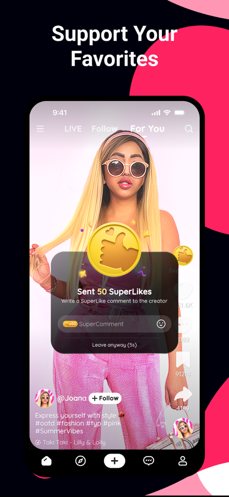 Likee app screen showing the support your favorites feature with a notification for sending 50 superlikes to a creator