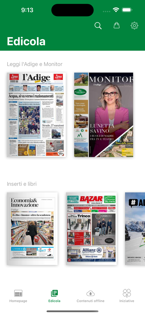 Tela da banca de jornais digitais do aplicativo l Adige mostrando capas de vários jornais e revistas, incluindo Monitor e Economia e Innovazione