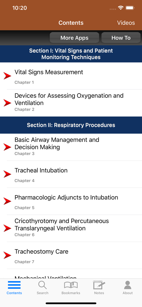 The table of contents screen of the Roberts and Hedges emergency medicine procedures app showing sections on respiratory procedures and vital signs.