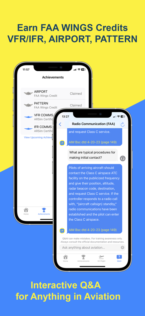 PlaneEnglish ARSim app screens showing FAA WINGS credits and interactive aviation Q&A interface