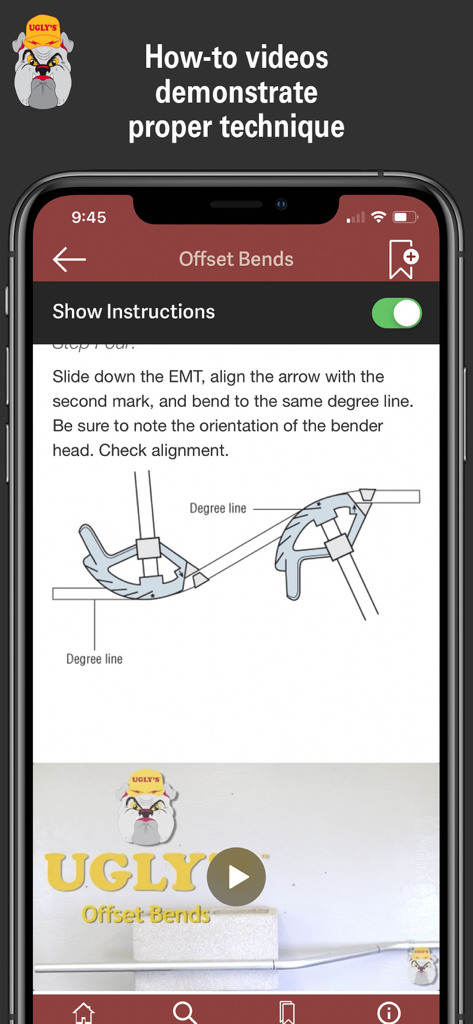 Ugly's Electrical References - Screenshot of Uglys Electrical References app showing a step by step offset bending guide with technical diagrams and a how to video