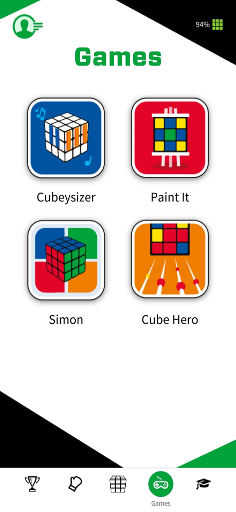 Rubik's Connected - Le menu des mini-jeux de l'application Rubiks Connected montrant des icônes pour Cubeysizer, Paint It, Simon et Cube Hero