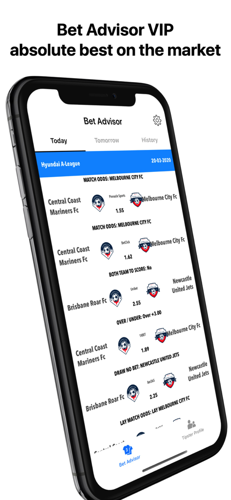 Écran mobile de l'application Bet Advisor VIP montrant les pronostics de paris sportifs quotidiens et les cotes pour les matchs professionnels.