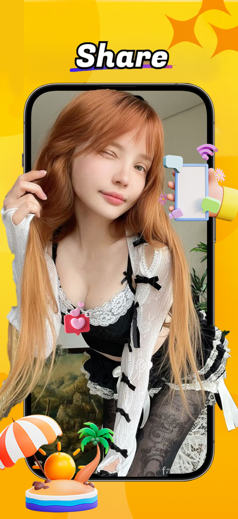 Jourry - Video Call, Live Chat - A young female traveler featured in a smartphone frame with travel icons and the word Share representing social connectivity in the Jourry app