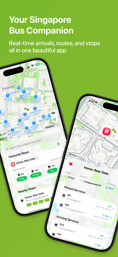 Bustro: Singapore Bus - Two iPhones displaying the Bustro app interface with real-time Singapore bus arrival times and a live map.