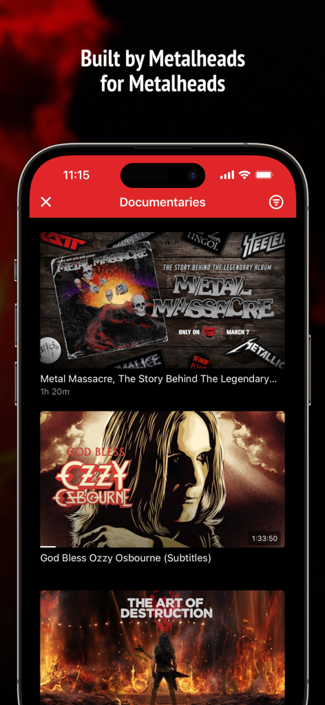 Thunderflixモバイルアプリのインターフェース。ヘヴィメタル音楽ドキュメンタリーを表示しています。