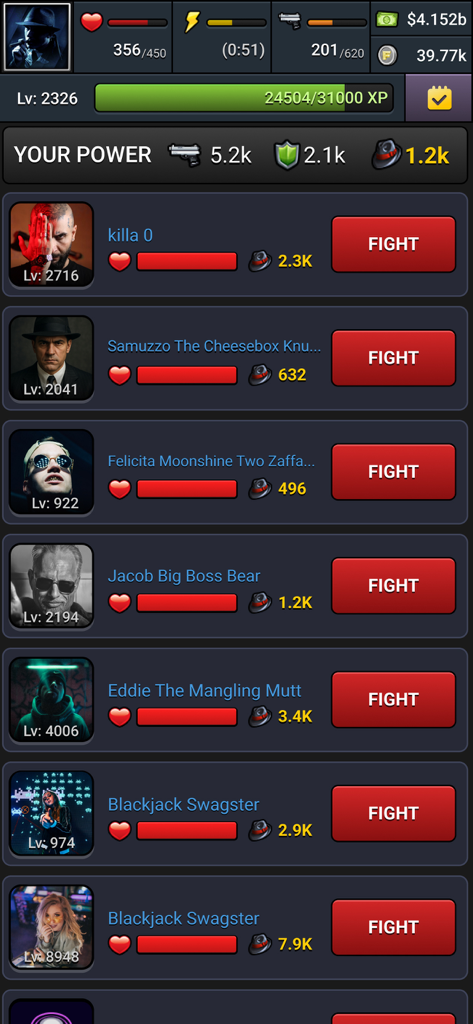 Mob Wars LCN: Underworld Mafia - In-game battle list showing rival mobsters and fight buttons in Mob Wars LCN.