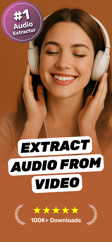 Extract Audio from Video⁺ - Woman wearing white headphones smiling while using the Extract Audio from Video app