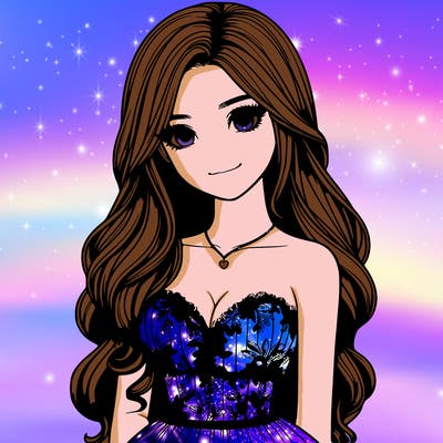 realistic girl with long hair and pretty prom dress